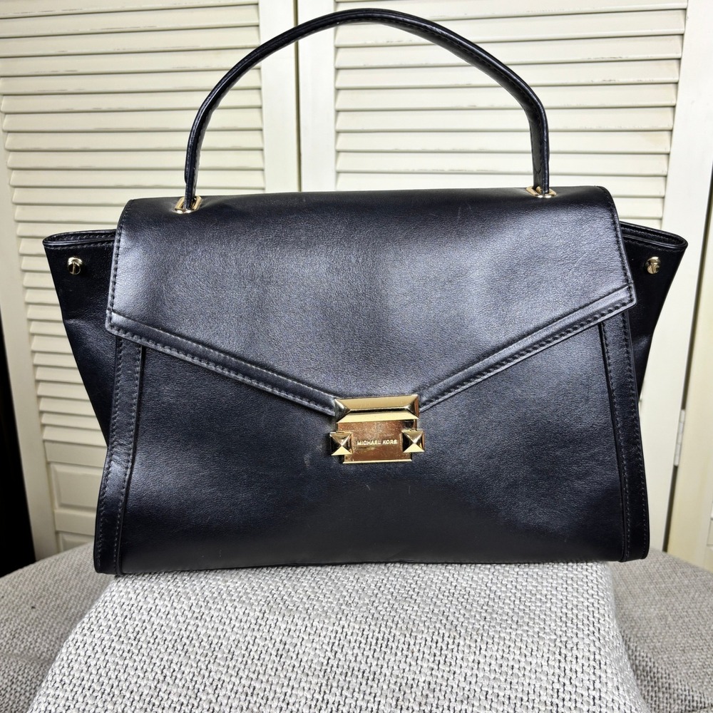 Michael Kors Whitney Black Leather Satchel Gold‎ Stud Top Handle Handbag Purse
